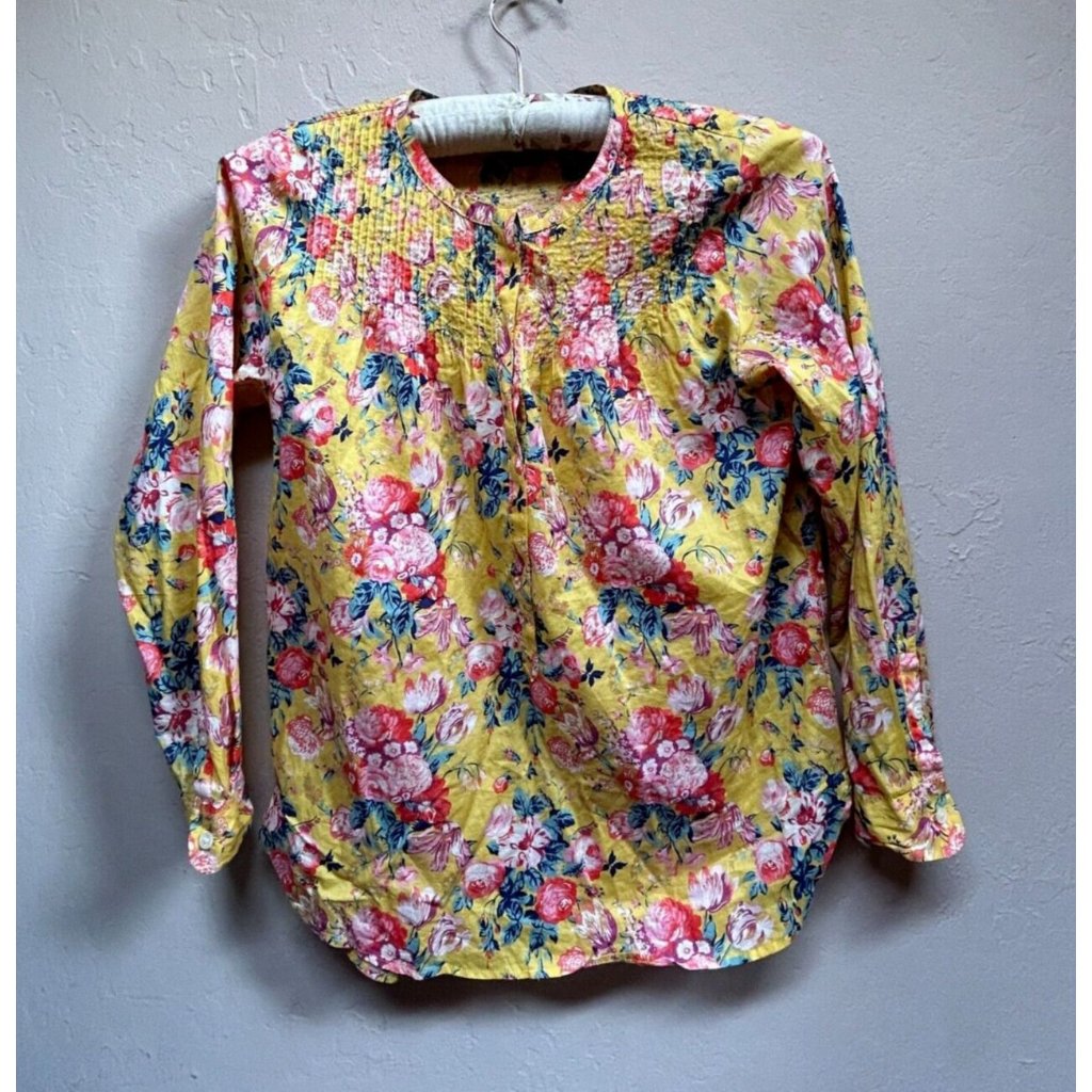 J. Crew Womens Petite 00 Liberty Floral Popover Long Sleeve Top Yellow Pink Boho